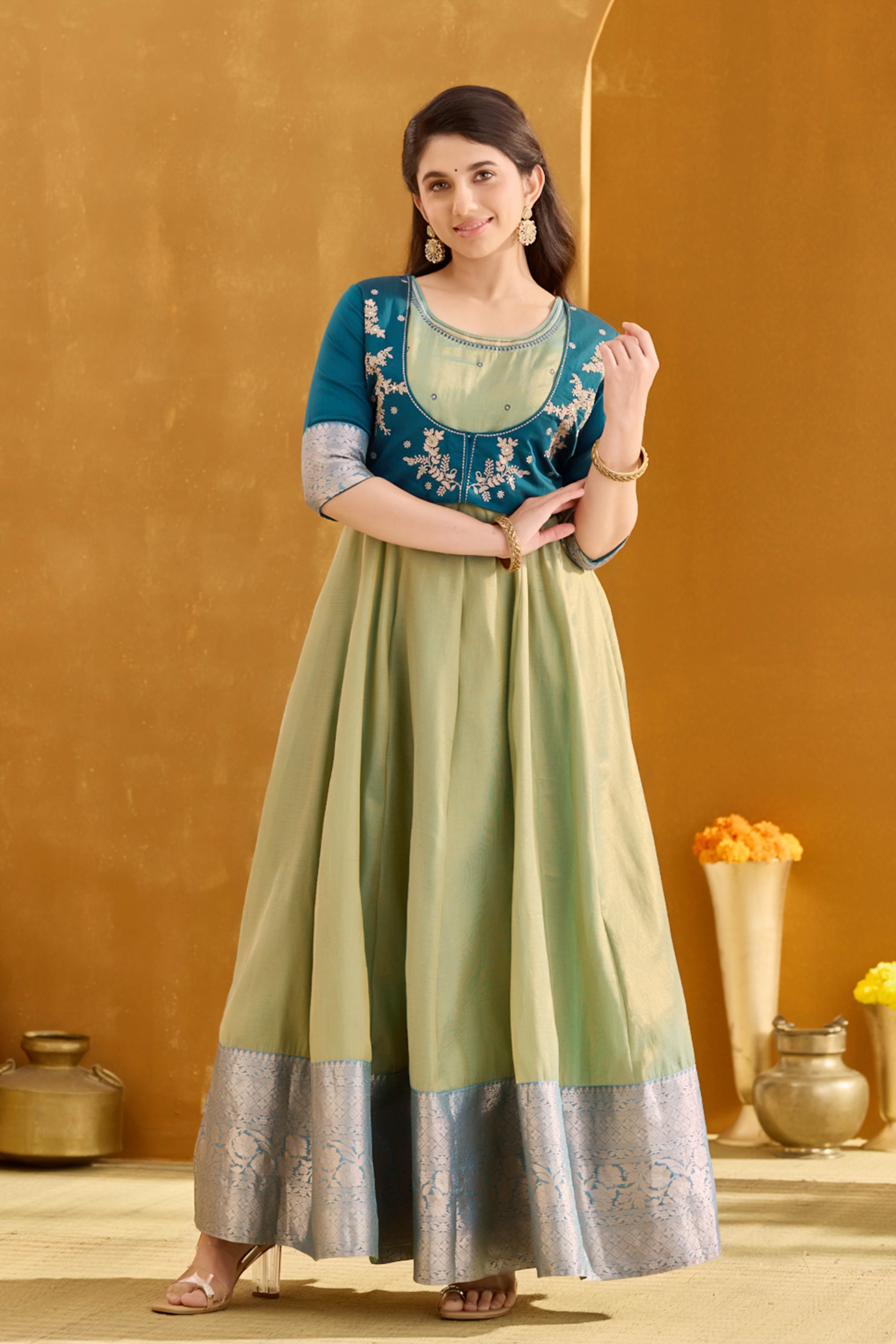 Emerald Green Anarkali Dress with Golden Embroidery & Zari Border Maybell Womens Fashion Emerald Green Anarkali Dress with Golden Embroidery & Zari Border Maybell Womens Fashion
