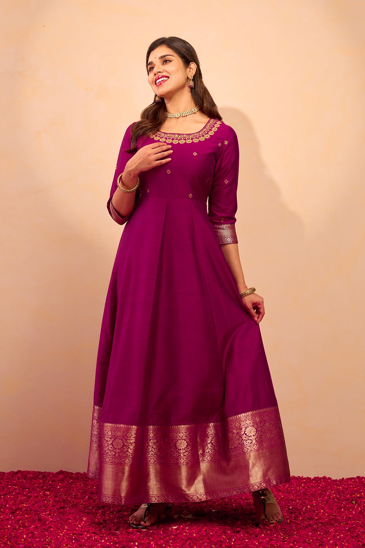 Floral Embroidered Anarkali - Magenta
