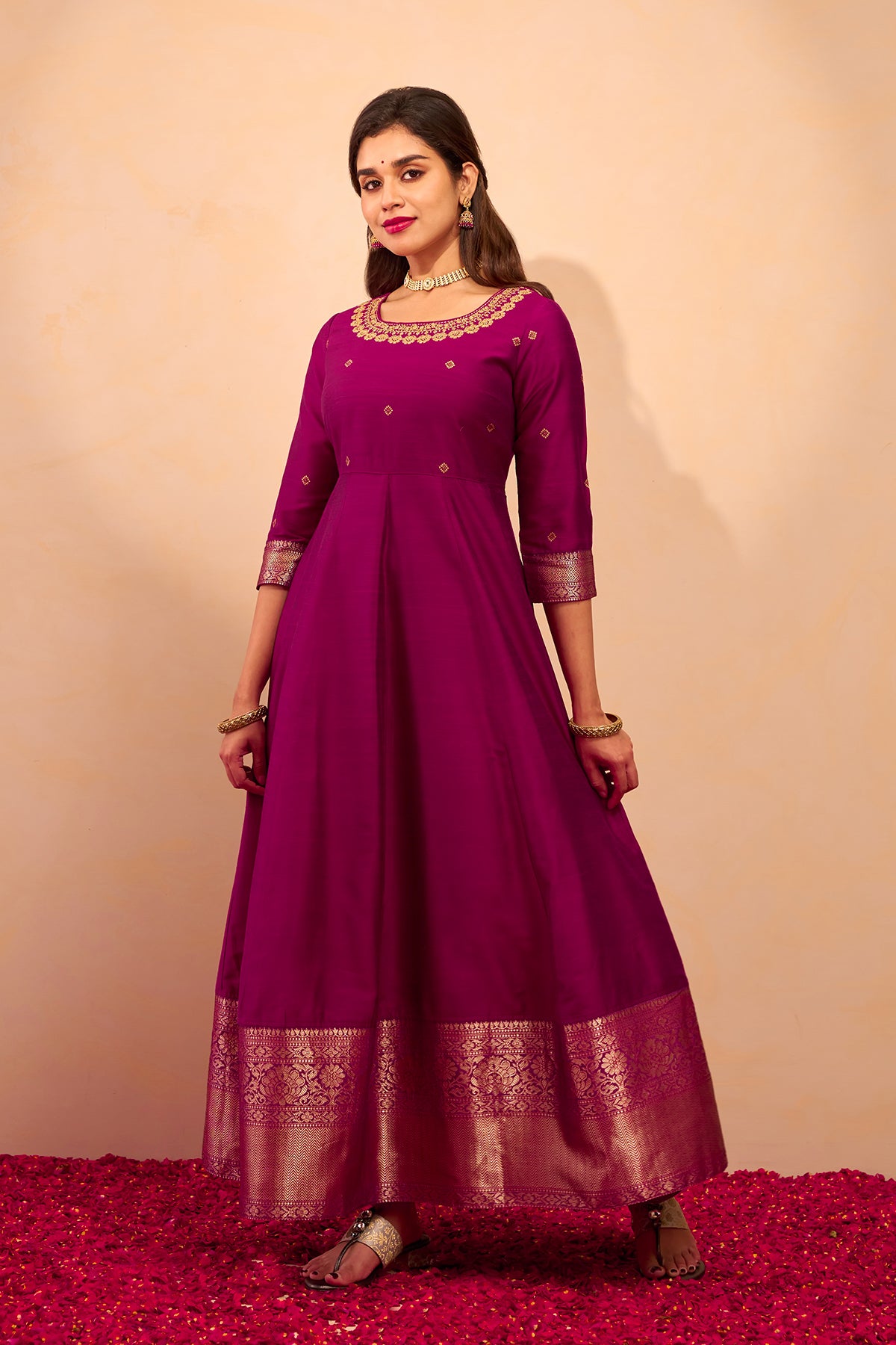 Floral Embroidered Anarkali - Magenta
