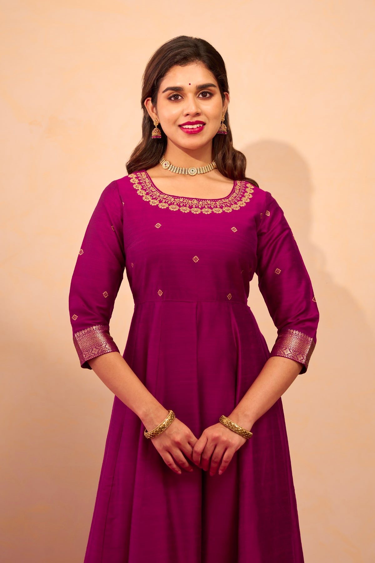 Floral Embroidered Anarkali - Magenta
