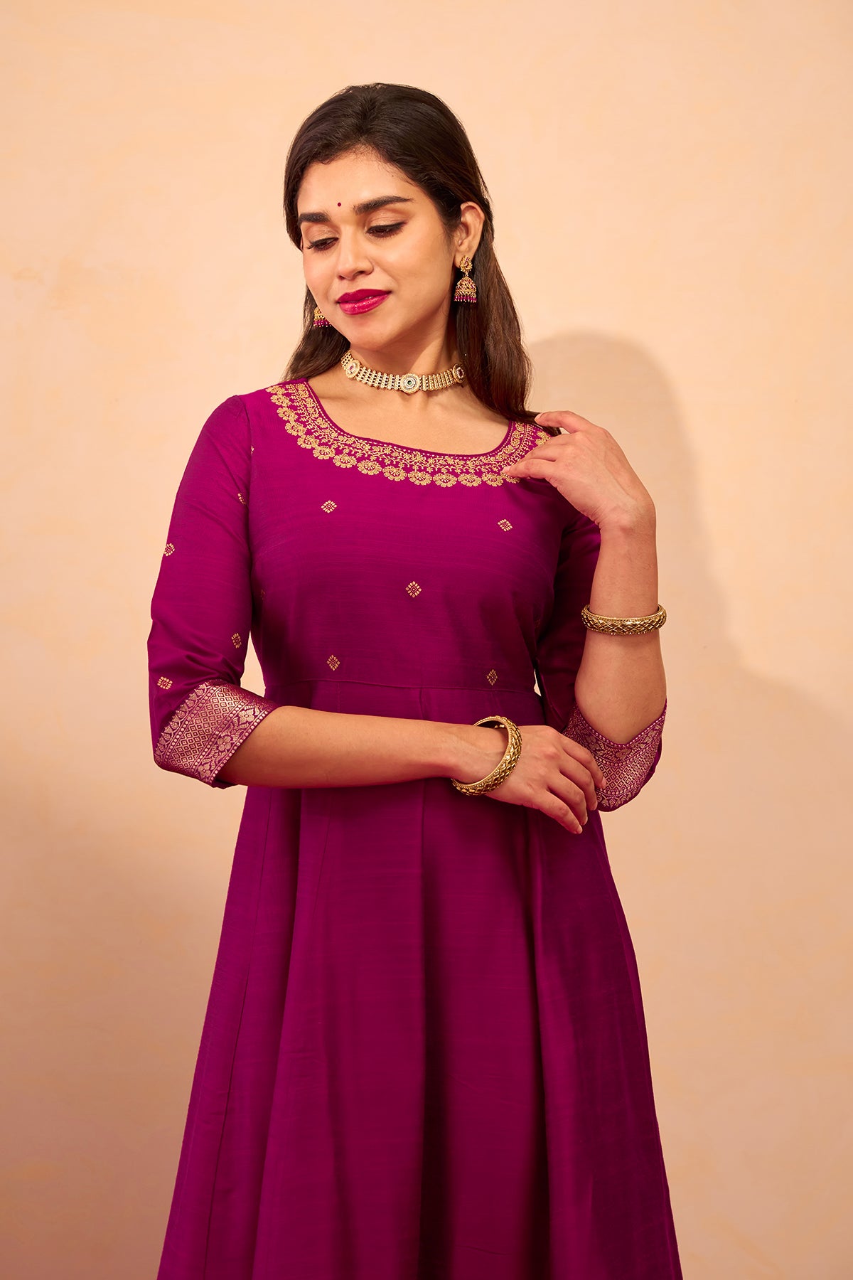 Floral Embroidered Anarkali - Magenta
