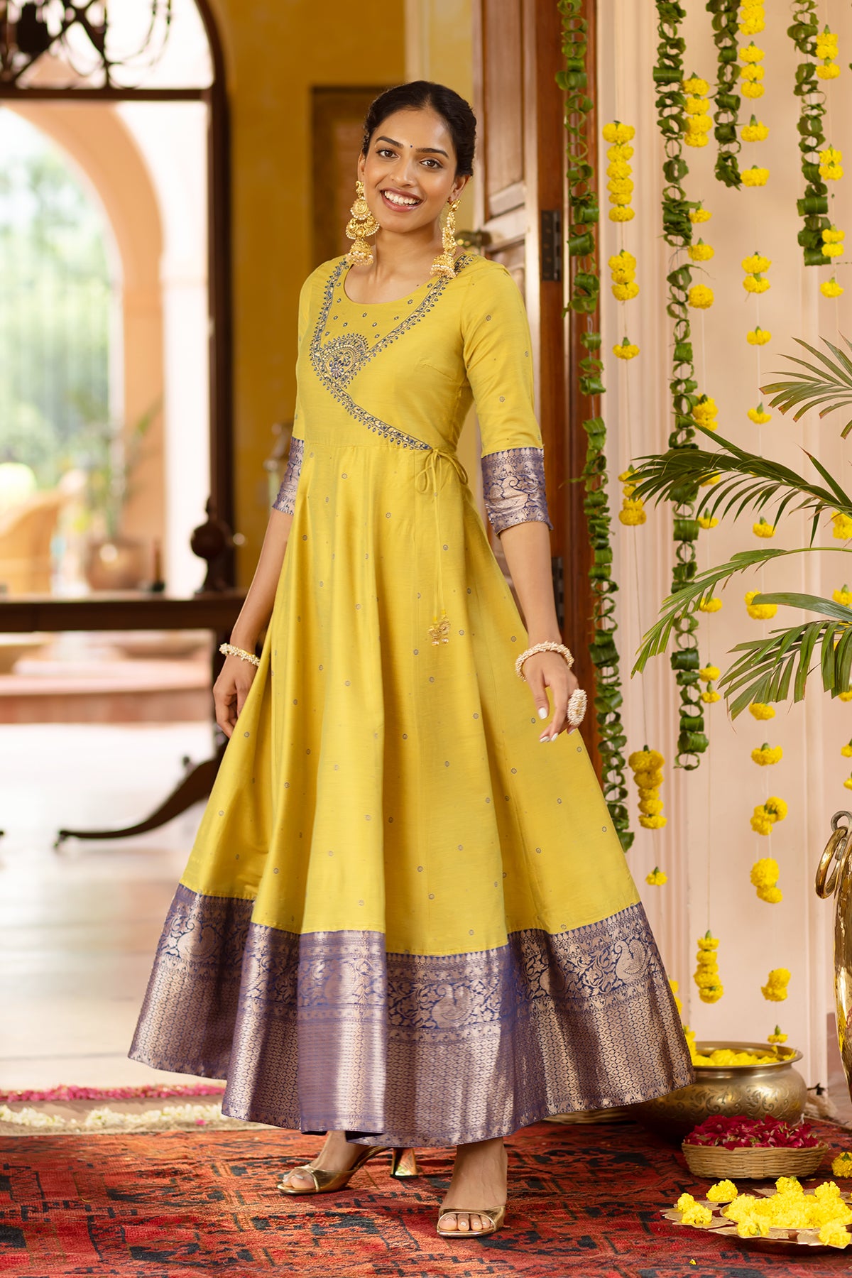 Floral Embroidered Anarkali with Zari Border - Yellow