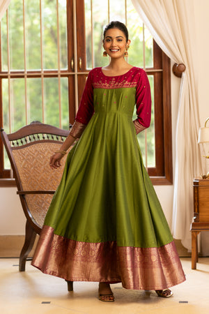 Floral Printed Dual-Tone Anarkali - Green
