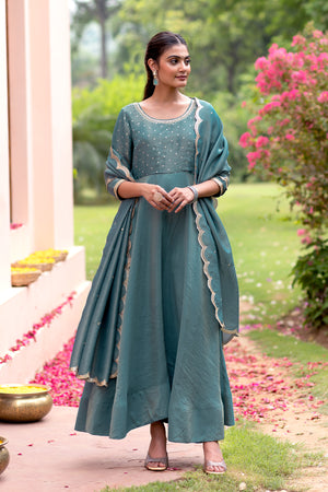 Sequence Embroidered Anarkali with Scallop Dupatta - Metallic Blue