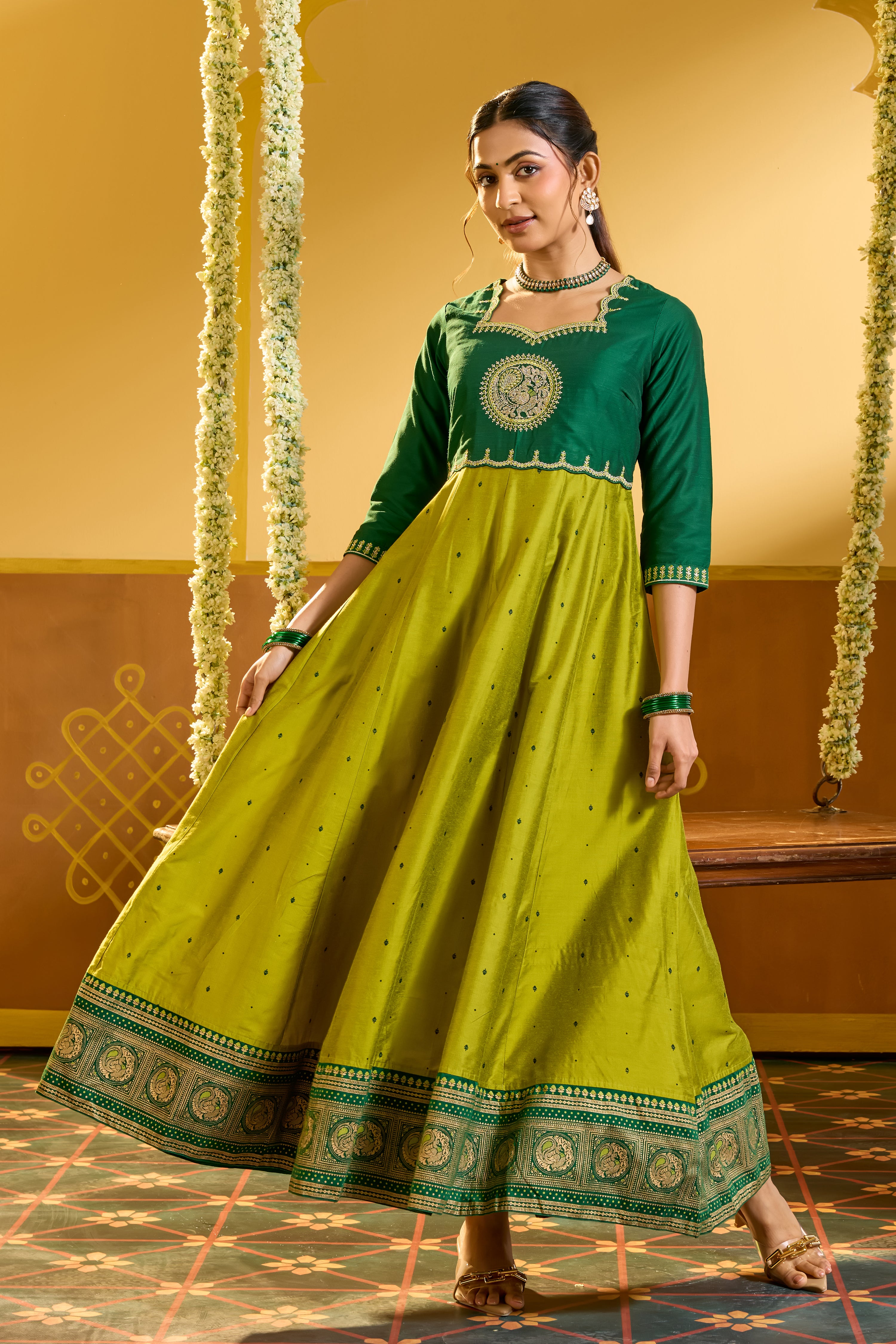 Peacock Embroidered & Printed Lime Green Anarkali