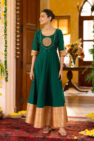 Mandala Embroidered Anarkali with Zari Border - Green
