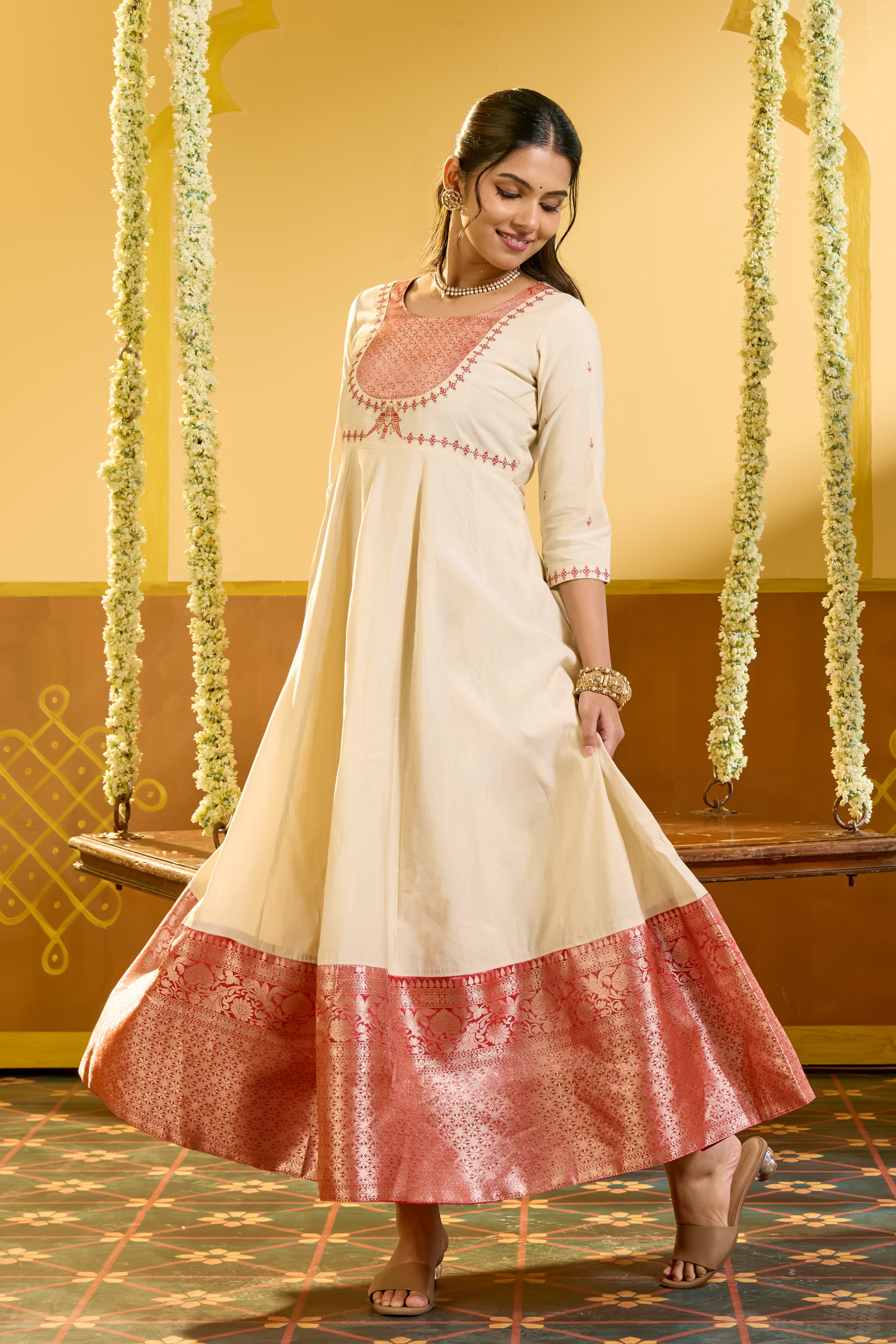 Ethnic Bird Embroidered Off White Anarkali