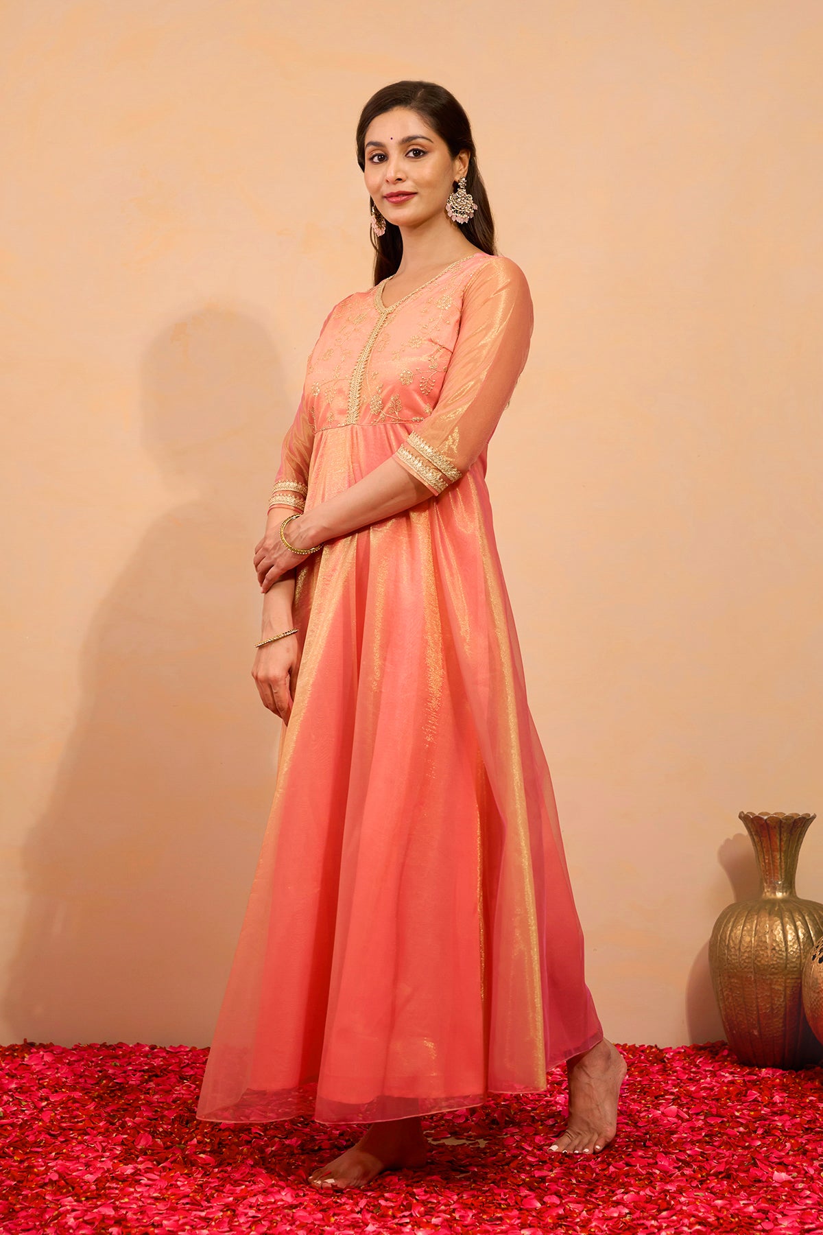 Sequence & Lace Embellished Anarkali - Peach