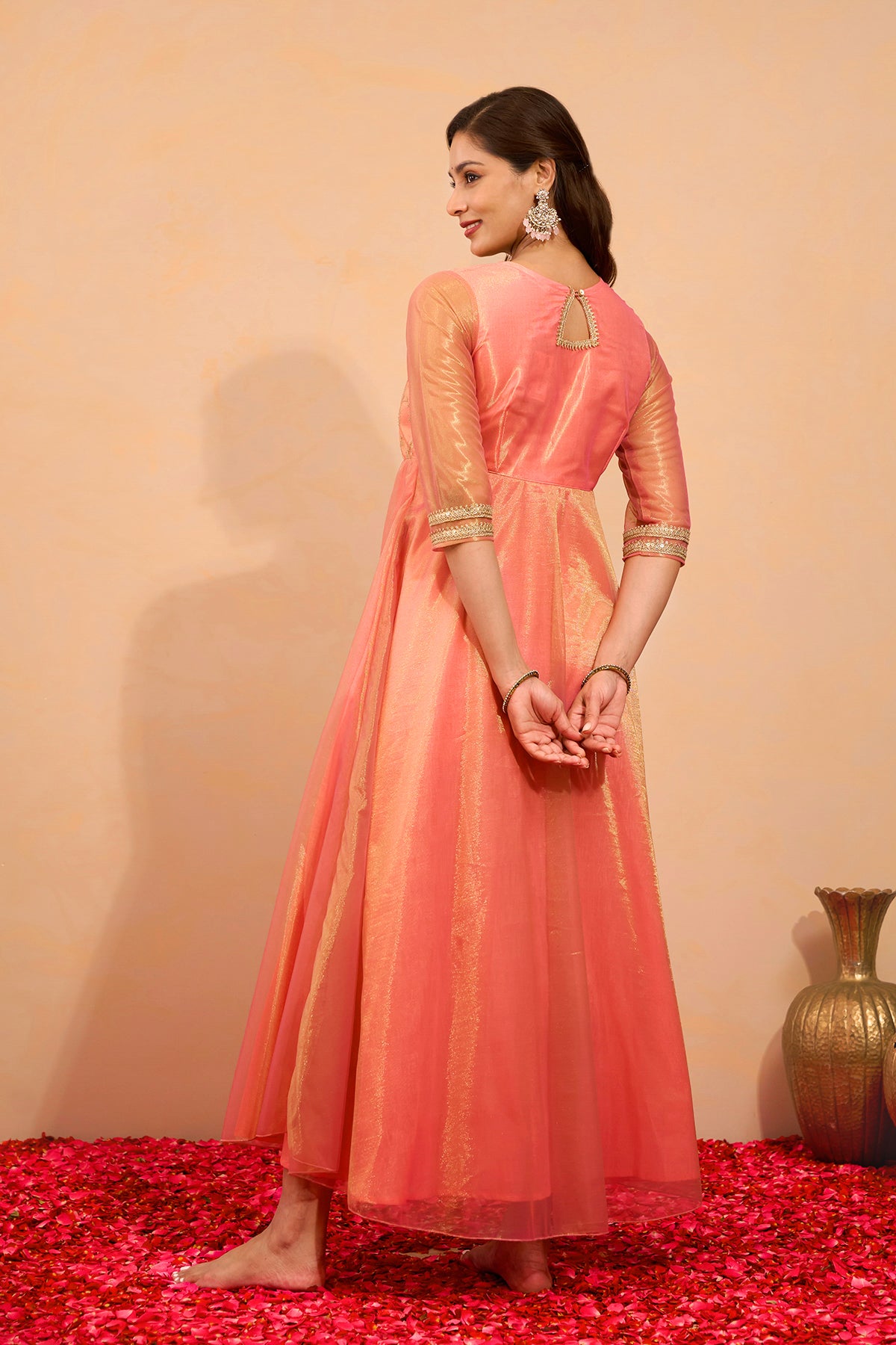 Sequence & Lace Embellished Anarkali - Peach
