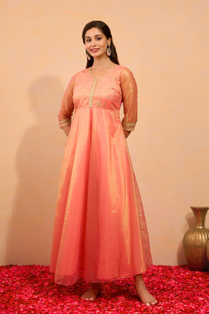 Sequence & Lace Embellished Anarkali - Peach
