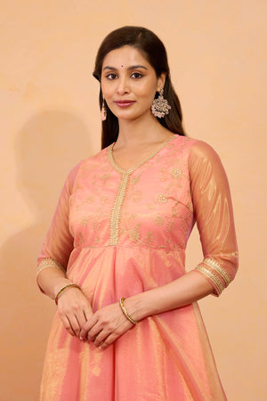 Sequence & Lace Embellished Anarkali - Peach
