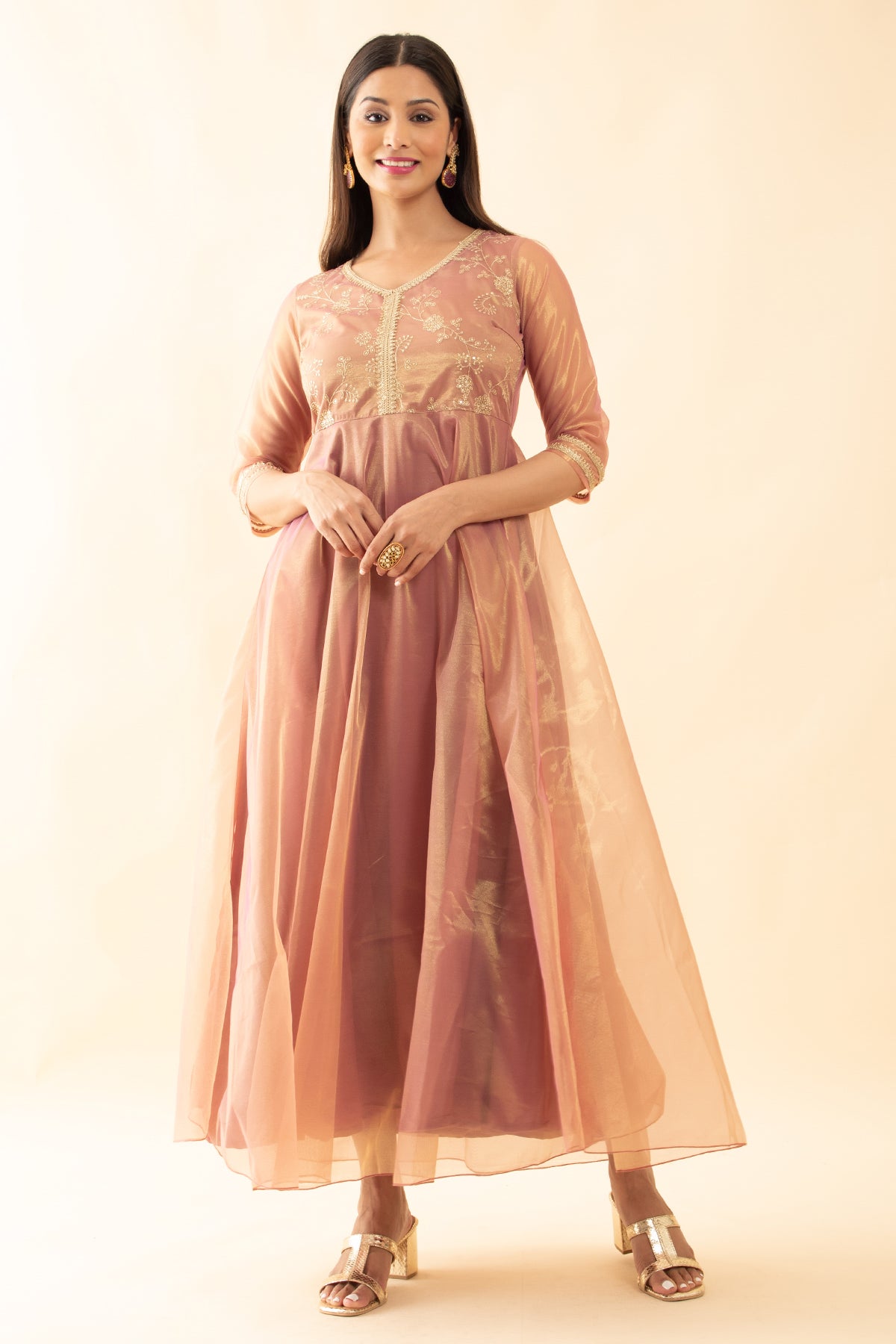 Sequence & Lace Embellished Anarkali - Pink