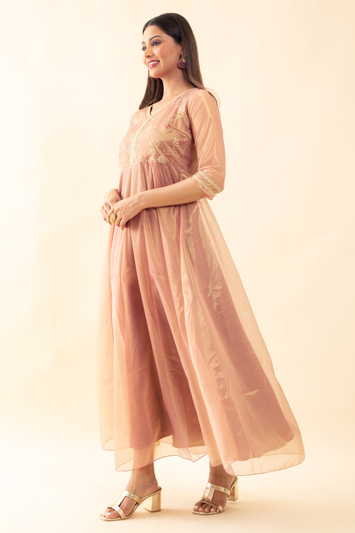 Sequence & Lace Embellished Anarkali - Pink