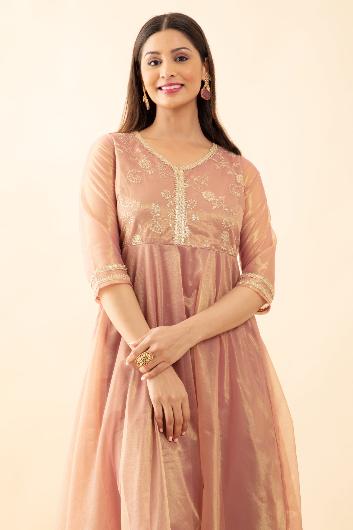 Sequence & Lace Embellished Anarkali - Pink