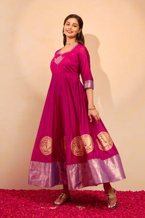 Peacock Mandala Embroidered Anarkali - Pink
