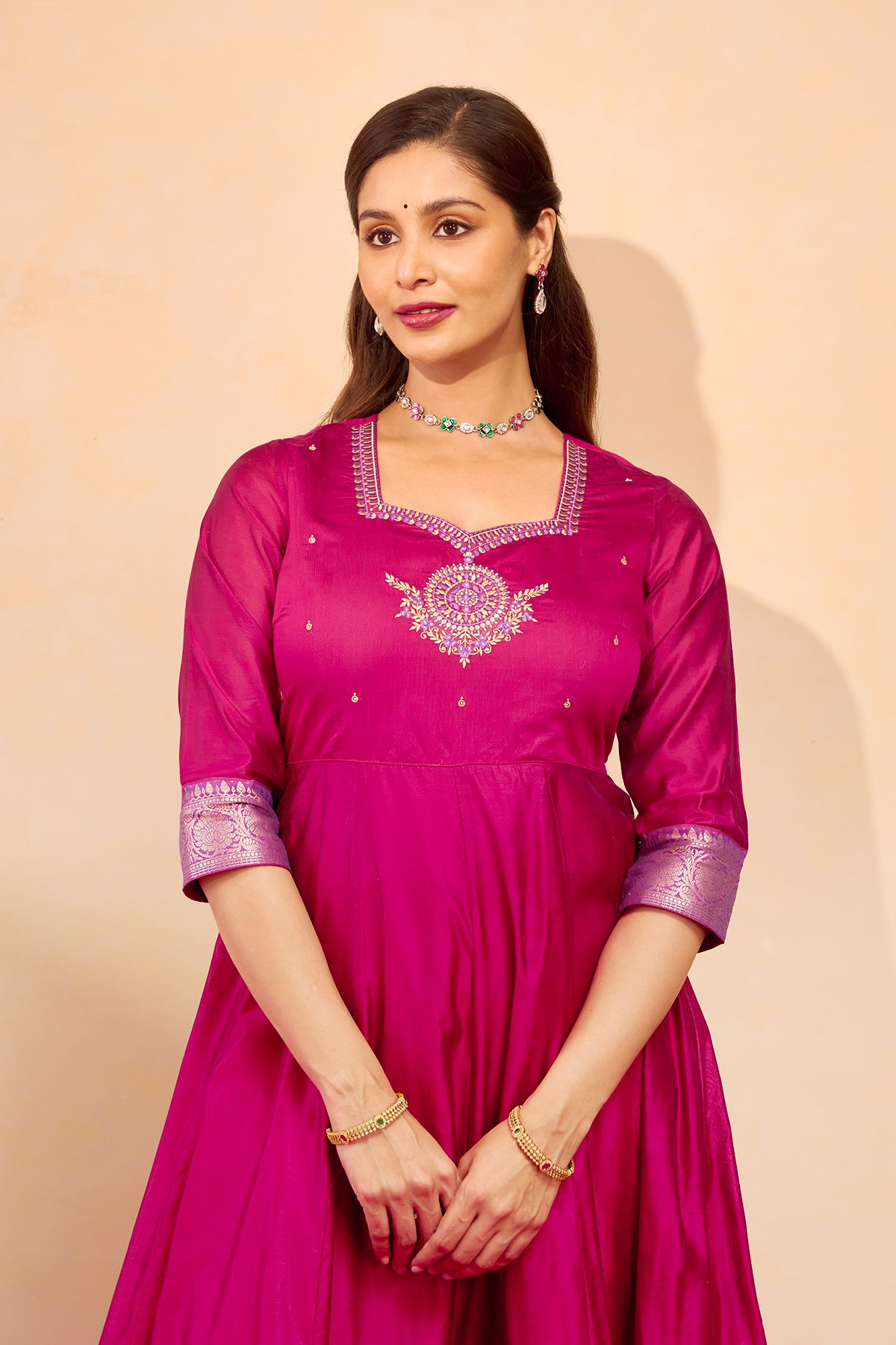 Peacock Mandala Embroidered Anarkali - Pink
