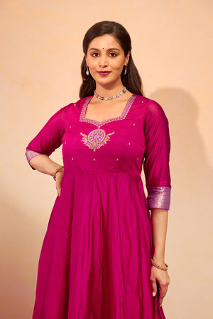 Peacock Mandala Embroidered Anarkali - Pink
