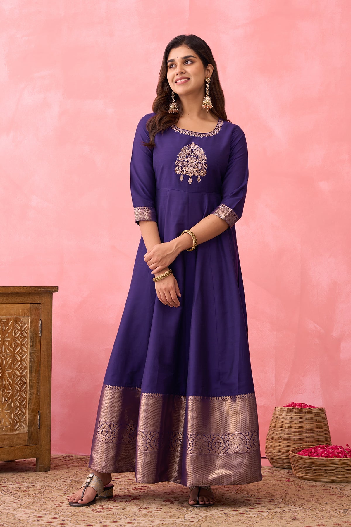 Floral Embroidered Anarkali with Zari Border - Purple
