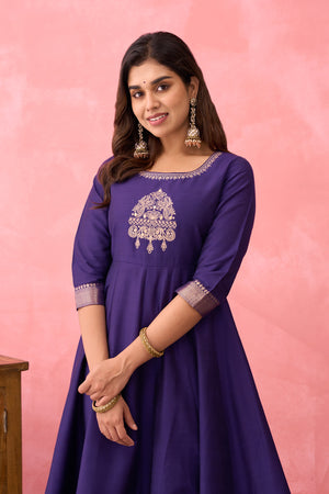 Floral Embroidered Anarkali with Zari Border - Purple
