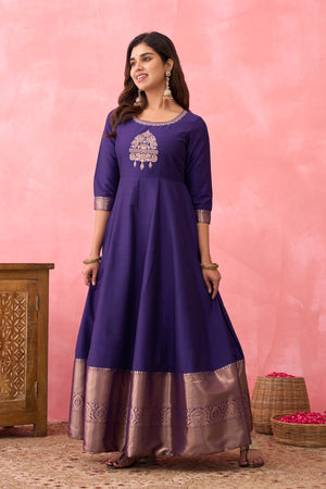 Floral Embroidered Anarkali with Zari Border - Purple
