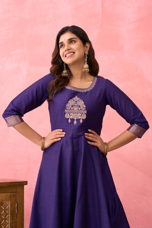 Floral Embroidered Anarkali with Zari Border - Purple
