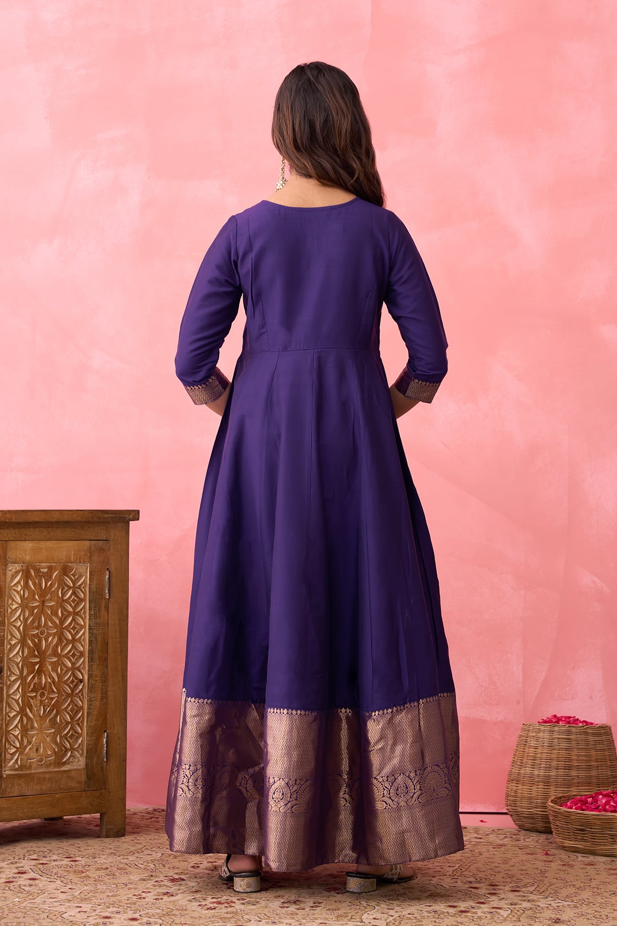 Floral Embroidered Anarkali with Zari Border - Purple
