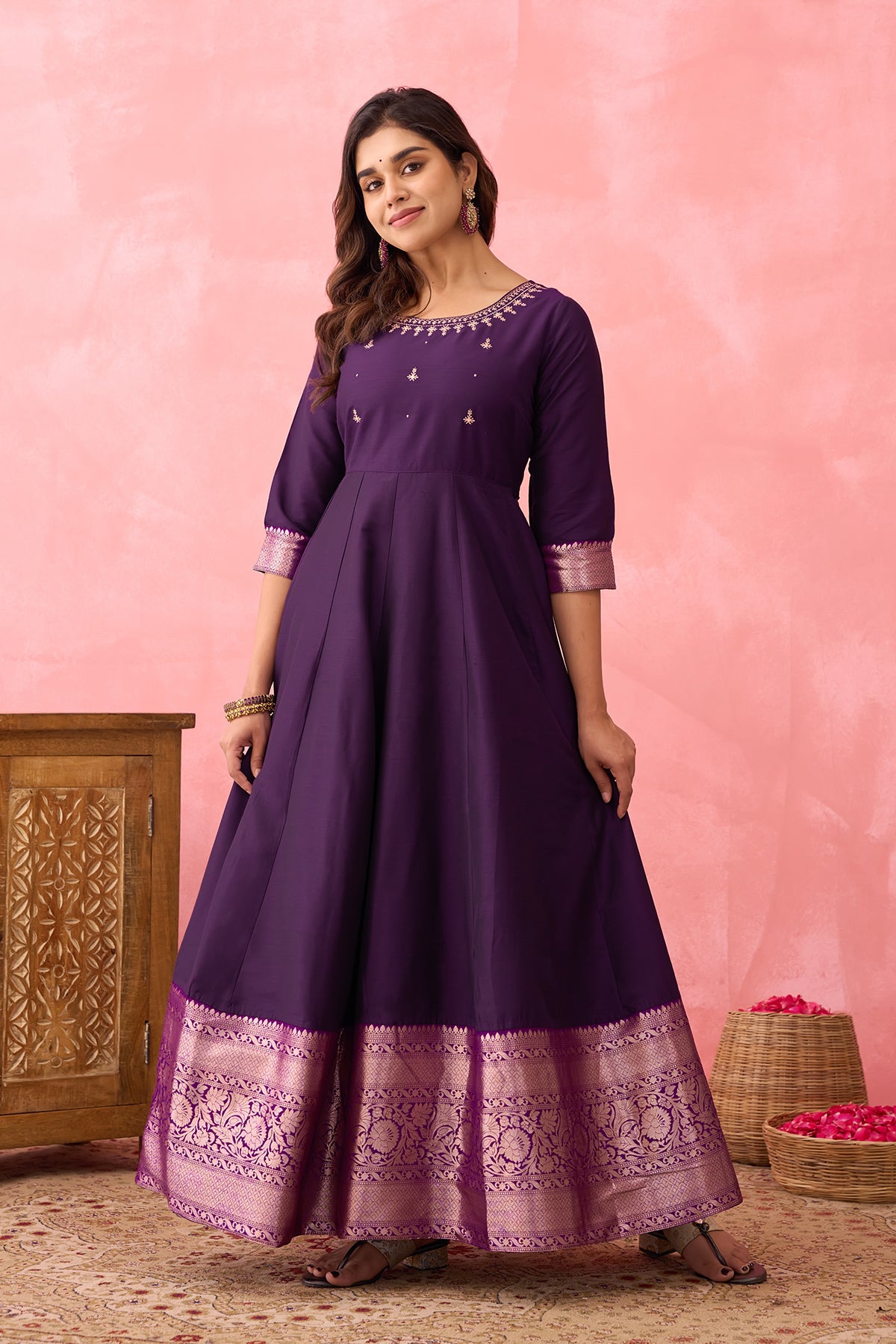 Embroidered Anarkali with Zari Border - Purple
