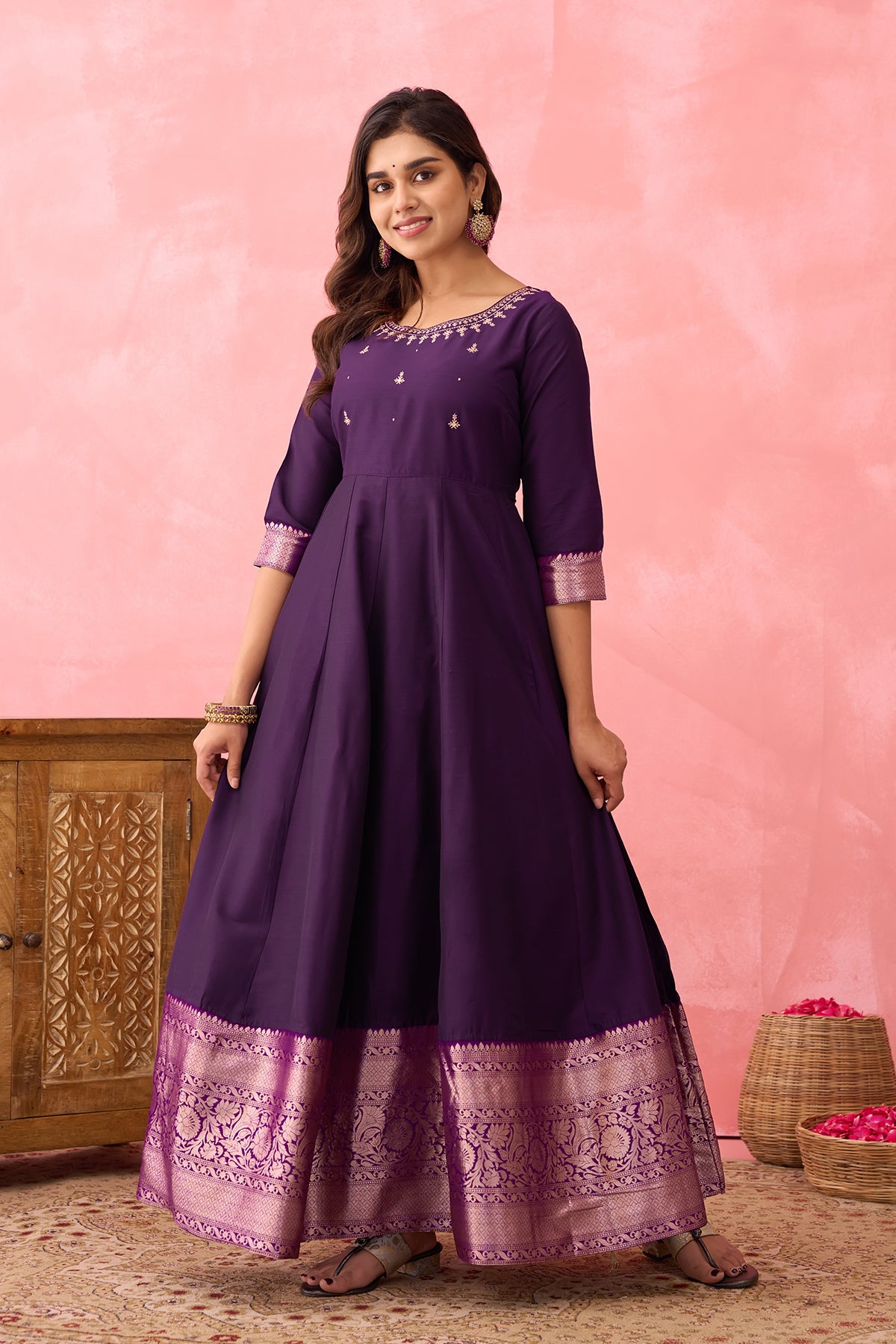 Embroidered Anarkali with Zari Border - Purple
