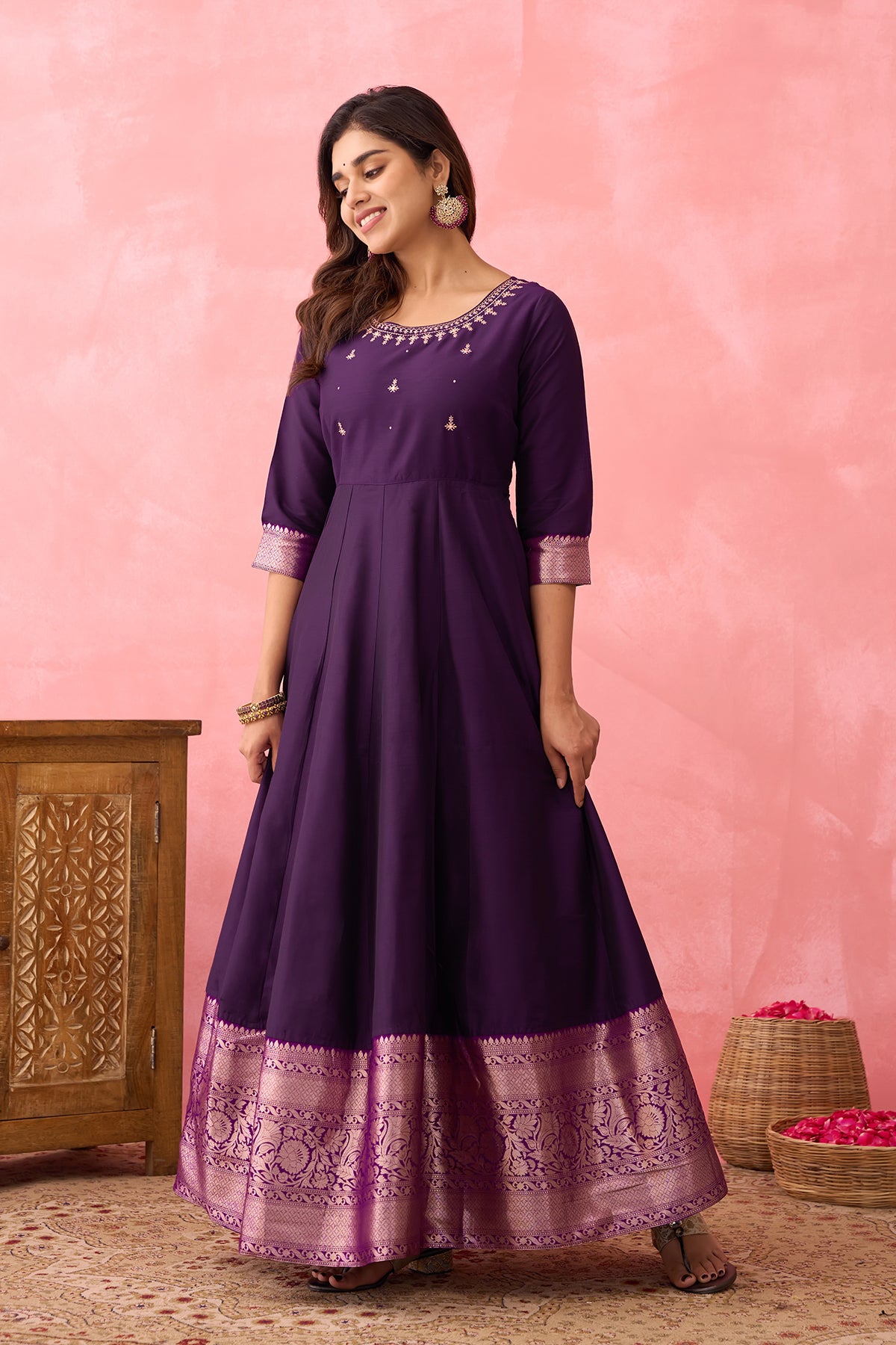 Embroidered Anarkali with Zari Border - Purple