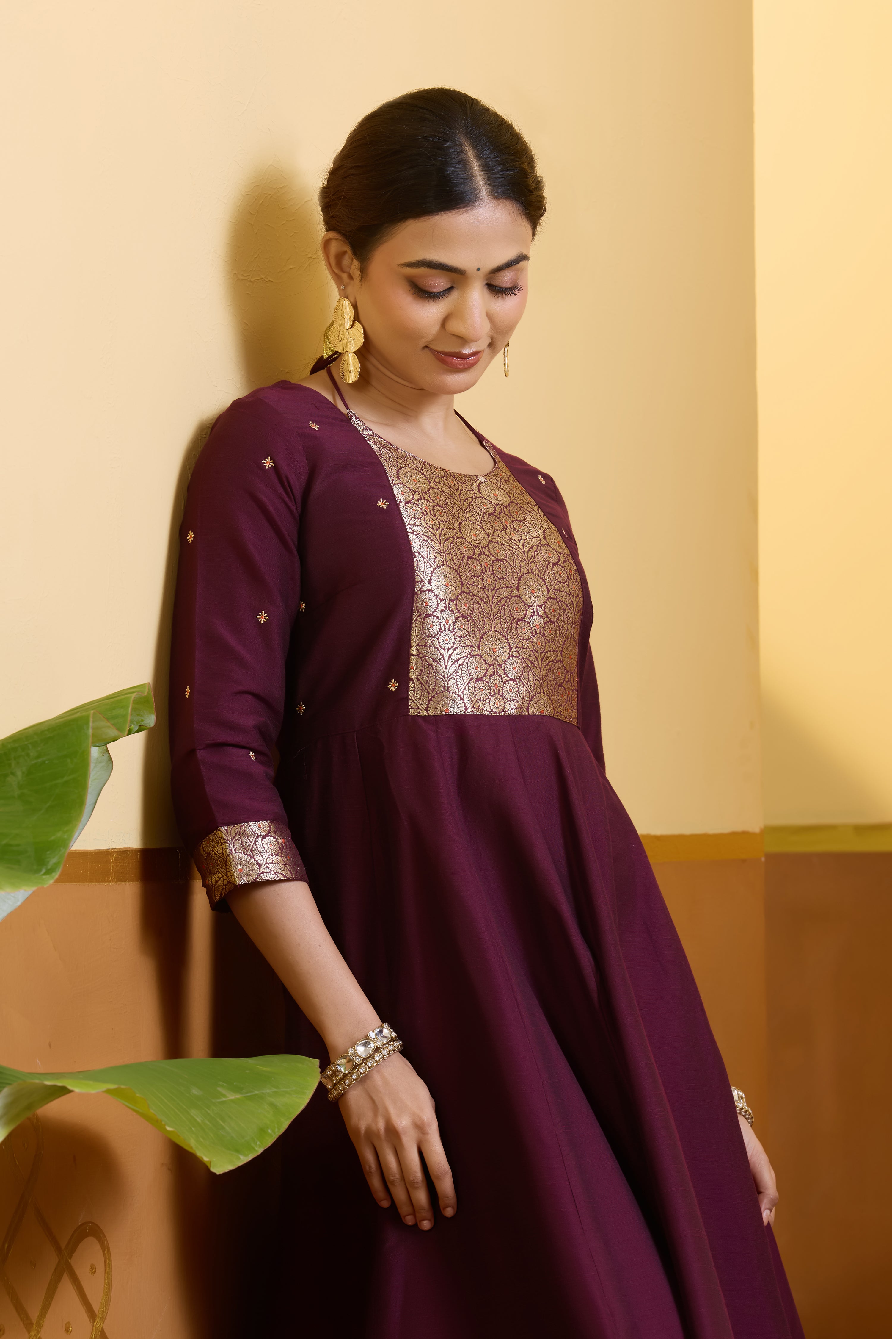 Brocade Yoke Wine Anarkali with Back Tie-up