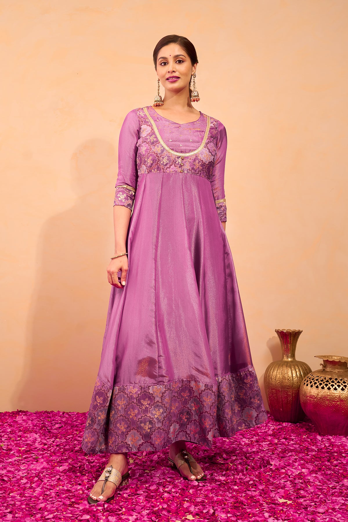 Floral Printed Anarkali with Back Tie-up - Purple
