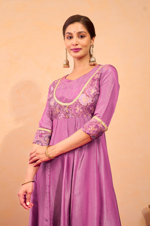 Floral Printed Anarkali with Back Tie-up - Purple
