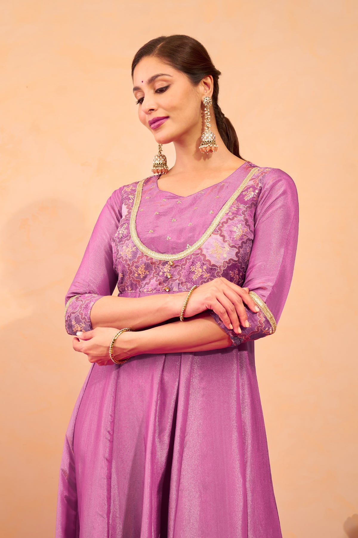 Floral Printed Anarkali with Back Tie-up - Purple
