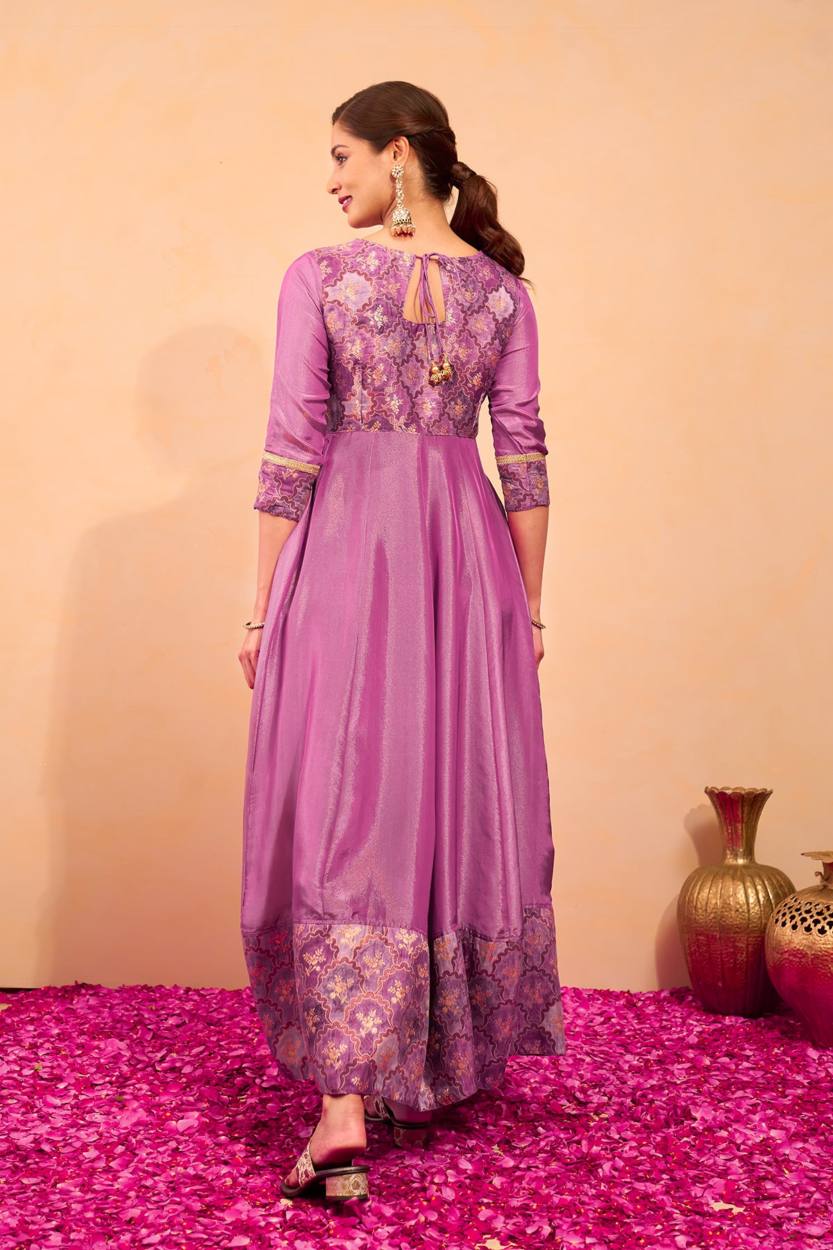 Floral Printed Anarkali with Back Tie-up - Purple
