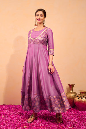 Floral Printed Anarkali with Back Tie-up - Purple