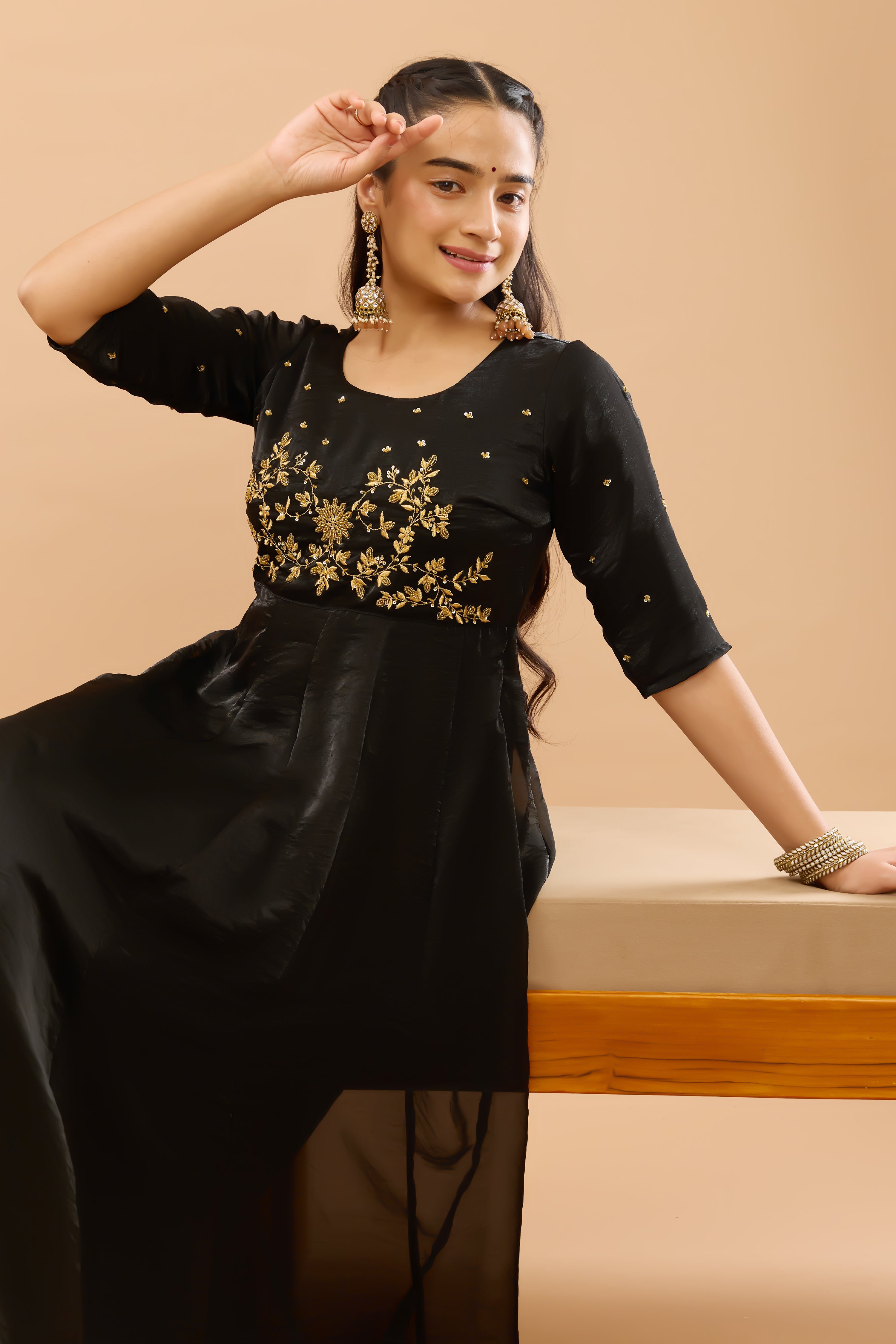 Floral & Sequence Embroidered Black Anarkali