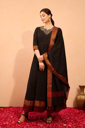 Floral Embroidered Anarkali with Manglagiri Dupatta - Black
