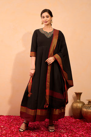 Floral Embroidered Anarkali with Manglagiri Dupatta - Black
