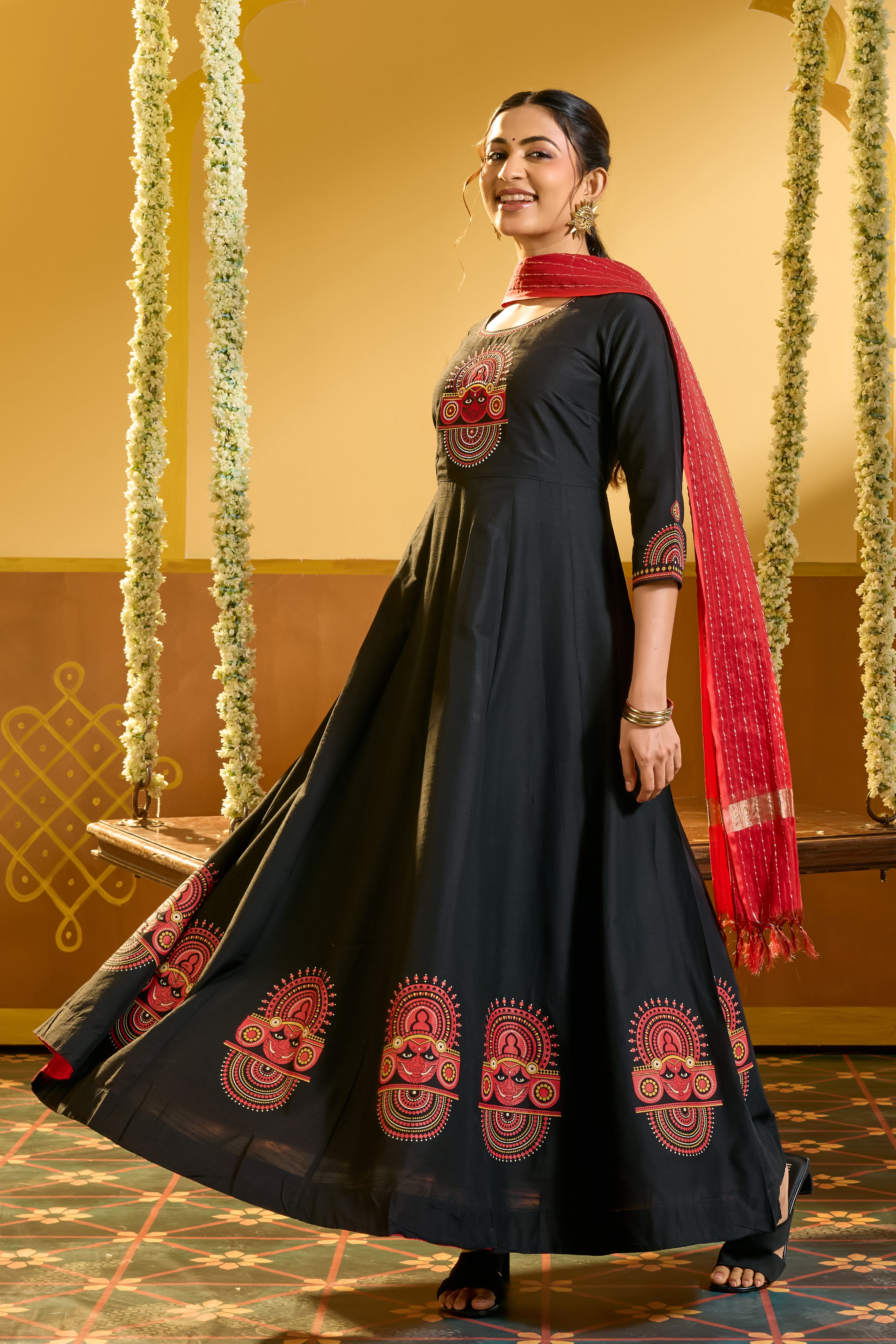 Theyyam Embroidered & Printed Anarkali with Dupatta