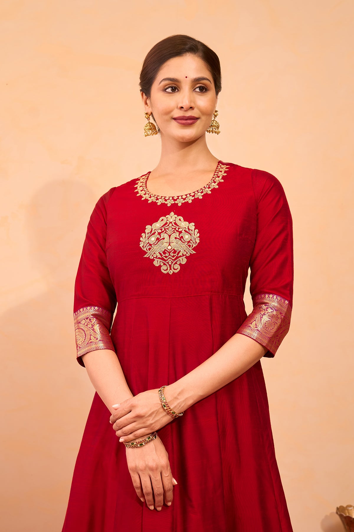 Bird Motif Embroidered Anarkali - Red
