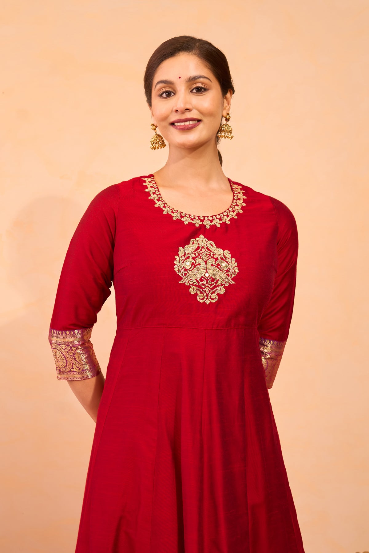 Bird Motif Embroidered Anarkali - Red
