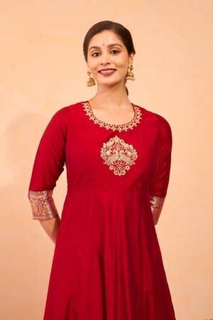 Bird Motif Embroidered Anarkali - Red
