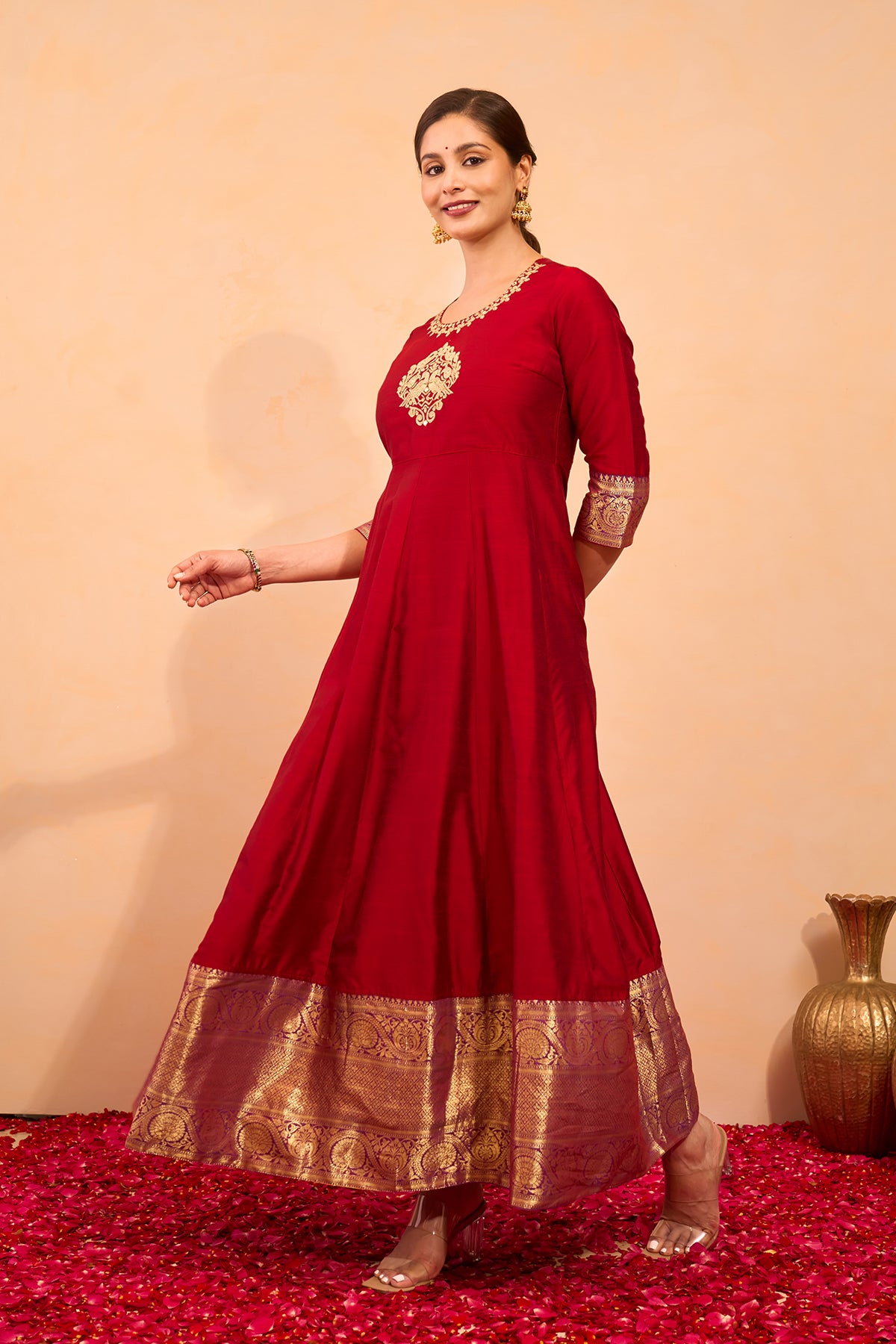 Bird Motif Embroidered Anarkali - Red
