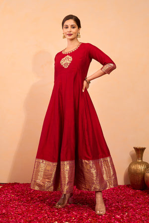 Bird Motif Embroidered Anarkali - Red