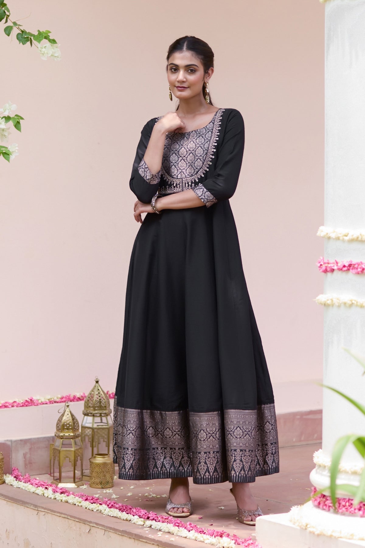 Floral Embroidered Anarkali with Brocade Yoke - Black
