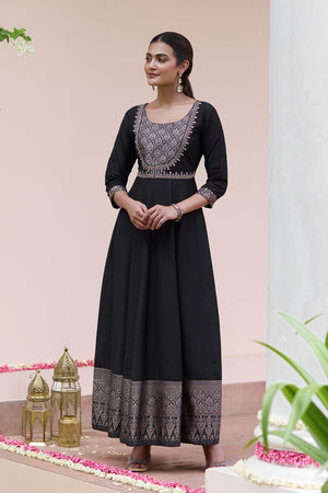 Floral Embroidered Anarkali with Brocade Yoke - Black
