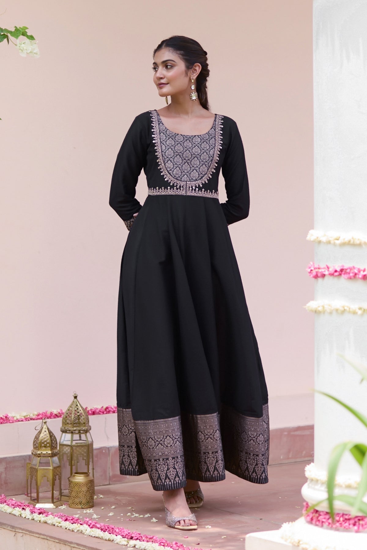 Floral Embroidered Anarkali with Brocade Yoke - Black
