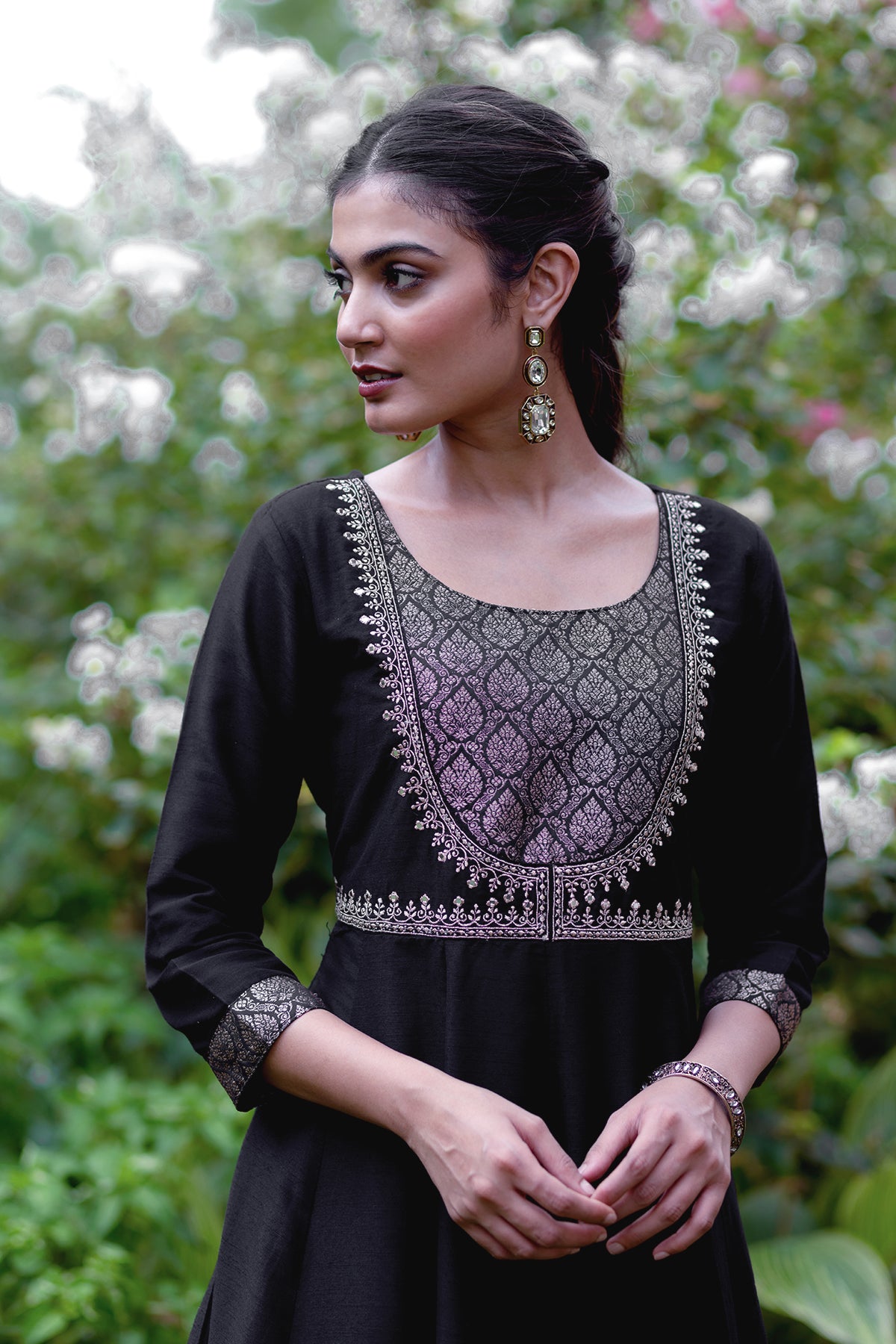 Floral Embroidered Anarkali with Brocade Yoke - Black
