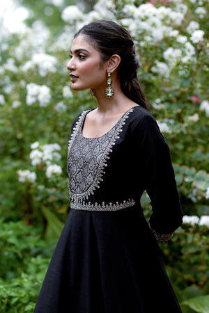 Floral Embroidered Anarkali with Brocade Yoke - Black