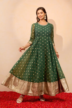 Floral Embroidered Anarkali with Back Detailing - Green
